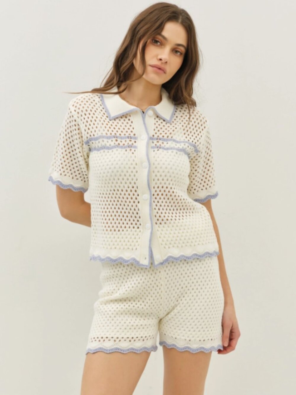 Cream Crochet Knit Top Shorts Matching Set Blue Trim NWT #D139